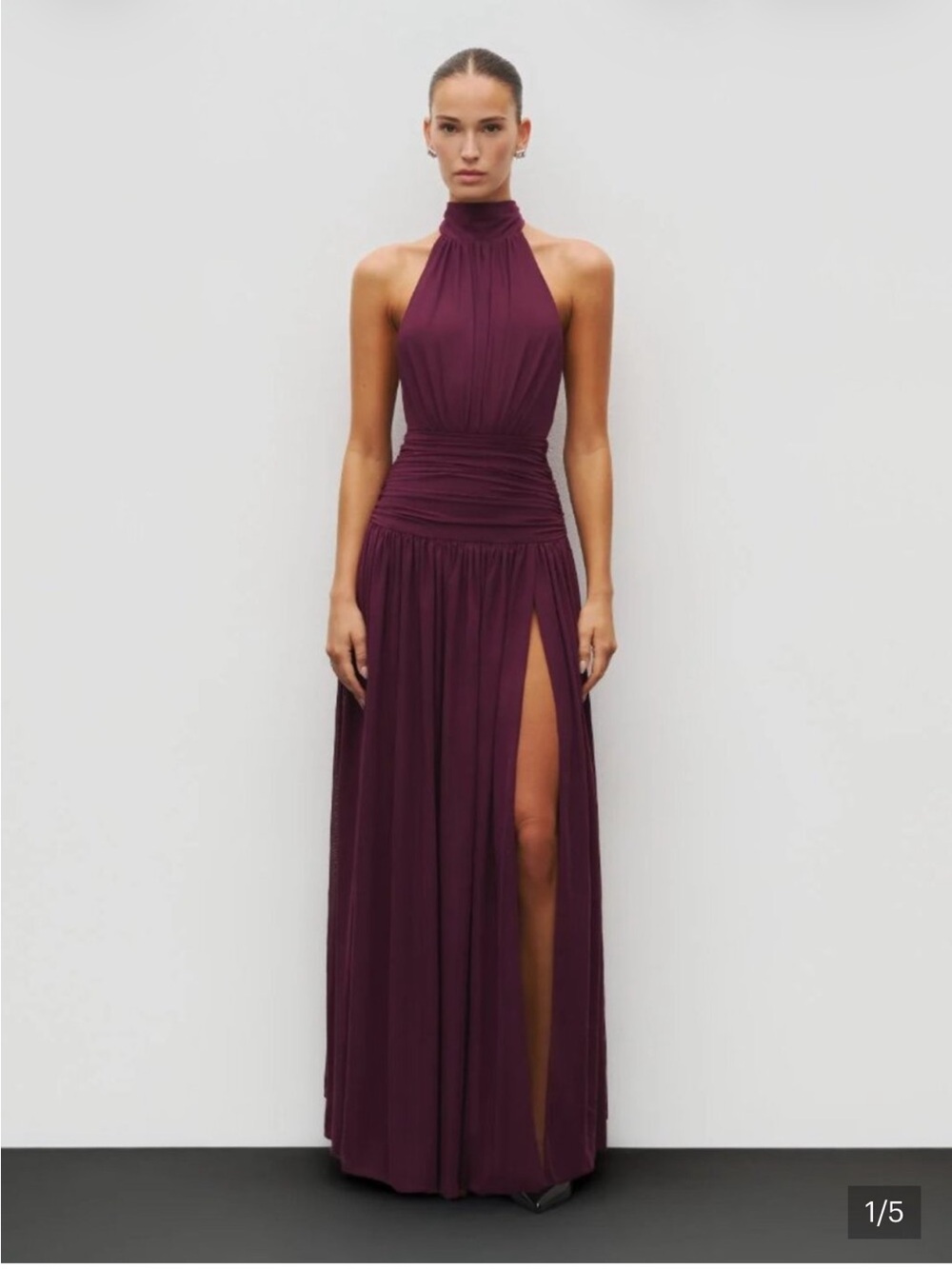 Nwt Heiress Beverly Hills Ruched Halter Maxi Gown in Plum with Slit